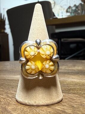 Alan K Yellow Mosaic Floral Glass Sterling-Style Statement Ring